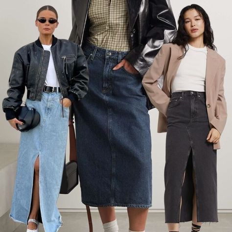 Long Denim Skirts Are Big News for 2023—17 of the Best for Every Budget Denim Skirts 2023, Long Denim Skirt Outfit Fall 2023, How To Style Long Denim Skirt, Long Denim Skirt Outfit Fall, Affordable High-rise Chic Denim Skirt, Chic High-rise Medium Wash Denim Skirt, Trendy Long Non-stretch Denim Skirt, Denim Skirt Winter, Trendy Full-length Dark Wash Denim Skirt