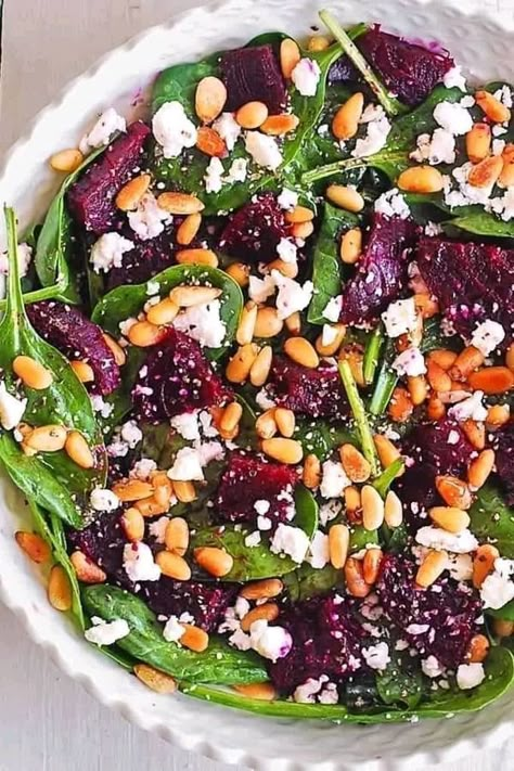 Salad With Nuts, Beet Salad With Goat Cheese, Beet Goat Cheese Salad, Salad With Beets, Spinach Goat Cheese, Pine Nuts Salad, Salad With Spinach, Pine Nut Recipes, Salad With Goat Cheese