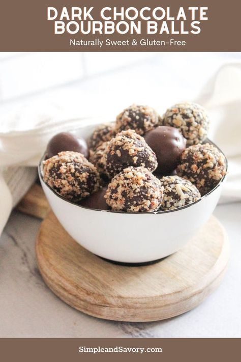 These Chocolate bourbon balls are made with a healthy twist! Instead of traditional Kentucky bourbon balls which have a super sweet and buttery filling, these chocolate bourbon balls are made with dark chocolate, dates and chopped pecans for a decadent and boozy treat. Peanut Butter Bourbon Balls, Chocolate Bourbon Balls, Boozy Bourbon Balls, Bourbon Balls Without Pecans, Ky Bourbon Balls, Kentucky Derby Food, Bourbon Balls, Easy To Make Snacks, Chocolate Bourbon