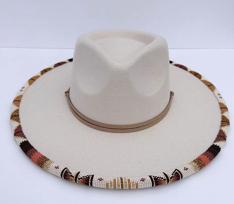 Beaded Fedora Hats, Hat Beading Pattern, Beaded Felt Hat, Beaded Hats Brim, Country Style Beaded Rodeo Hat, Festival Beaded Fedora Hat, Southwestern Style Beaded Rodeo Hat, Beaded Hat Brim, Native American Beaded Hat Brim