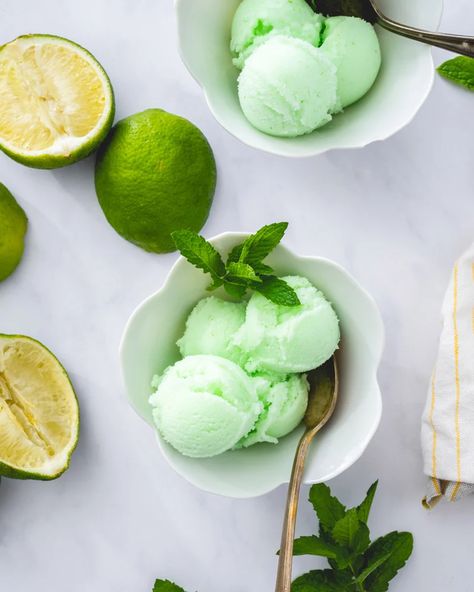 Lime sherbet is zingy, citrusy and so refreshing! Make it at home and it's exceedingly better than store-bought. #lime #limesherbet #sherbetrecipe #sherbet #easydessert #frozendessert Lime Gelato, Homemade Frozen Yogurt Recipes, Lime Sherbert, Homemade Frozen Yogurt, Fancy Ice Cream, Lime Ice Cream, Sherbet Ice Cream, Sherbet Recipes, A Couple Cooks