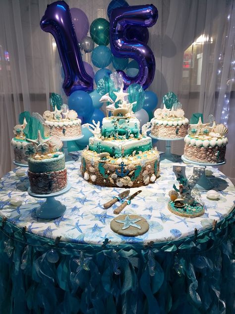 Beach Quince, Beach Theme Cake, Tinkerbell Birthday Cakes, Quince Cake, Tinkerbell Birthday, Beach Themed Cakes, Ocean Theme Party, Quinceanera Themes, Under The Sea Theme