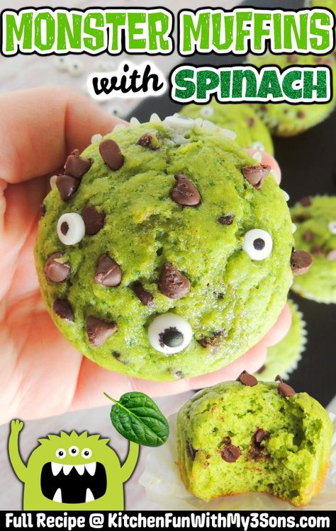 Monster Muffins - made with Spinach - a fun way to sneak veggies to Picky Eaters. Spinach Banana Muffins, Monster Muffins, Healthy Muffins For Kids, Healthy Halloween Food, Veggie Muffins, Spinach Muffins, Avocado Chocolate, Homemade Muffins, Kitchen Fun