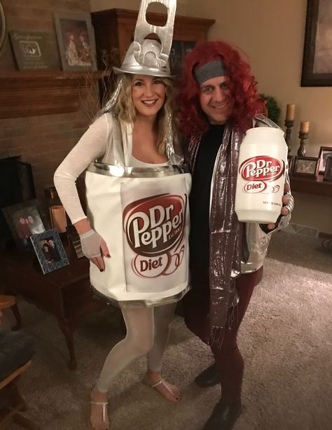 Lil sweet Diet Dr Pepper costume. We purchased costume on Diet Dr Pepper.com. I used a pop up hamper and had a sticker made for the pop can. The tab on top of the hat is made from cardboard and shiny duct tape. Diet Dr Pepper Costume, Dr Pepper Halloween Costume, Diet Coke Costume, Dr Pepper Costume, Dr Pepper Party, Halloween Couples Costume Ideas, Halloween Fence, Doctor Pepper, Doctor Halloween Costume