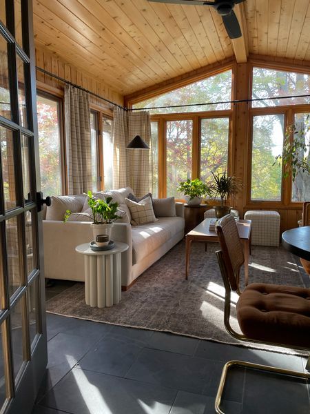 Small Four Seasons Room Addition, Three Season Addition, Four Season Screened In Porch, Sunroom Ideas Wood Paneling, Cozy 3 Season Porch, 4 Season Addition, Screened In Porch To 4 Season Room, Three Seasons Porch, Wooden Sunroom Ideas