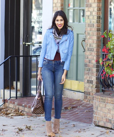 How to Wear Light Blue in the Fall - The Style Contour Fall Pastel Colors, Light Blue Jacket Outfit, Blue Leather Jacket Outfit, Suede Moto Jacket Outfit, Cropped Jacket Outfit, Suede Jacket Outfit, Moto Jacket Outfit, Blue Suede Jacket, Light Blue Jacket