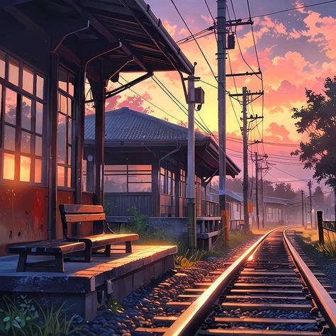 You remember that little train station just outside of town? I always loved being there at dusk, watching the golden light pour over the tracks. There was something calming about the quiet, just sitting on that old bench as the sky turned soft pink and orange. The sound of a distant train, man... it really made you stop and feel like time was standing still for a moment. #anime #manga #art #animeart #kawaii #japanese #aesthetic #vibes #nostalgia #oldtimes #90s #00s Vrchat World, Old Benches, Old Train Station, Train Art, Old Train, Time Periods, Train Stations, Anime Clothing, 90s Childhood