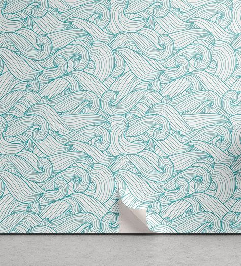 Ambesonne Turquoise Peel & Stick Wallpaper for Home, Ocean Themed Waves Abstract Swirls Curlicues Lines Ornamental Vintage Summer, Self-Adhesive Living Room Kitchen Accent, 13" x 72", Sea Blue - Amazon.com Rental Friendly, Wallpaper Ocean, Waves Abstract, Wallpaper For Home, Turquoise Wallpaper, Whale Art, Wallpaper Rolls, Square Art, Peel Stick Wallpaper