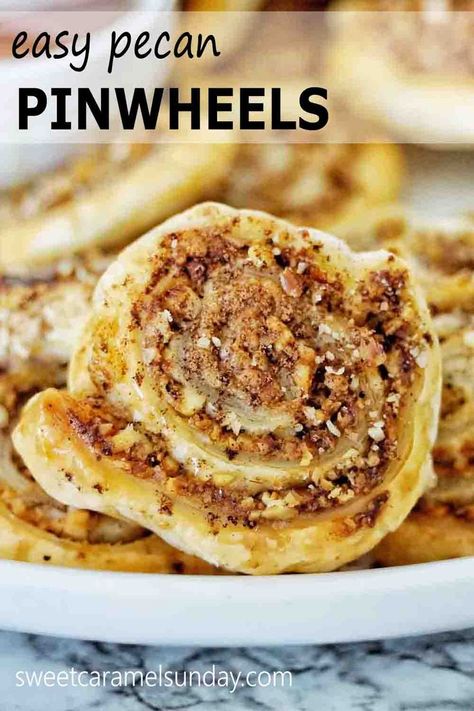 Puff Pastry Pecan Pinwheels are the ideal sweet treat! With a simple filling including crushed pecans and mascarpone with cinnamon and brown sugar they can be whipped up in no time. Serve for dessert, a sweet treat or snack. #easyrecipe @sweetcaramelsunday Pecan Twist Recipe, Pecan Puff Pastry Recipes, Homemade Pecan Swirls, Pecan Twirls Recipe, Pecan Spin Wheels, Puff Pastry Pinwheels Sweets, Puff Pastry Pecan Rolls, Desert Pinwheel Recipes, Pecan Pinwheels Recipe