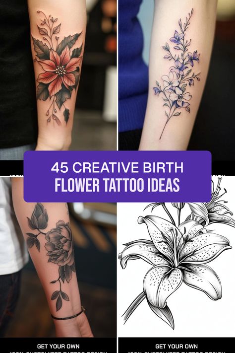 Explore 45 captivating birth flower tattoo ideas showcasing stunning designs for each month. This pin highlights floral symbolism and encourages creativity with unique tattoo options through four vibrant images. Rose Flower Bouquet Tattoo, Birth Tattoo Ideas Symbols, Birth Month Flower Tattoo Placement, Birthmonth Flower Tattoos Bouquet, Tattoos For Grandparents Passing, Birthday Month Flowers Tattoo, December Flower Tattoo Birth Month, Month Flowers Tattoos, Flower With Name Tattoo