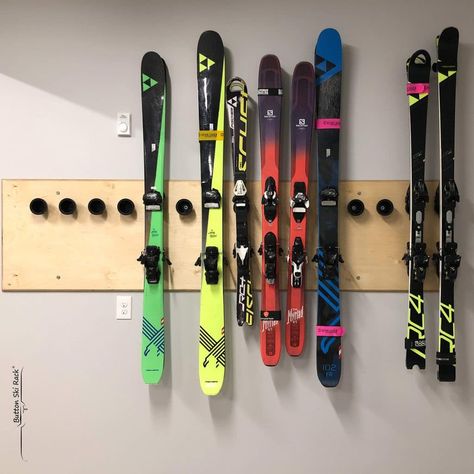 Ski Rack Diy, Ski Gear Storage, Diy Ski Rack, Ski Rack Garage, Sport Organization, Garage Hanging Storage, Gear Room, Snowboard Racks, Ski Room