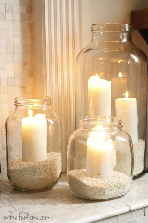 Sand & Candles in Mason Jars - simple and pretty for master - Click image to find more DIY & Crafts Pinterest pins. I'd like this for outside on patio. ;) Koti Diy, Sand Candles, Smart Tiles, Vintage Jars, Nautical Decor, My New Room, Handmade Home, Recycled Glass, Beach Decor