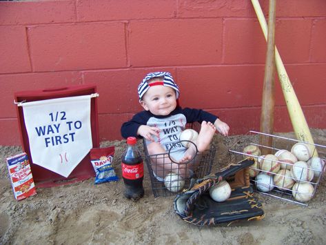 Baseball themed halfway to first photoshoot Half Birthday Baseball Theme, Halfway To First Photoshoot, Half Way To First Baseball Pictures, Halfway To One Photoshoot Boy, Half Way To First Baseball, Halfway To First Baby Photoshoot, Half Way To First Birthday Baseball, Halfway To One Photoshoot, Half Way To First