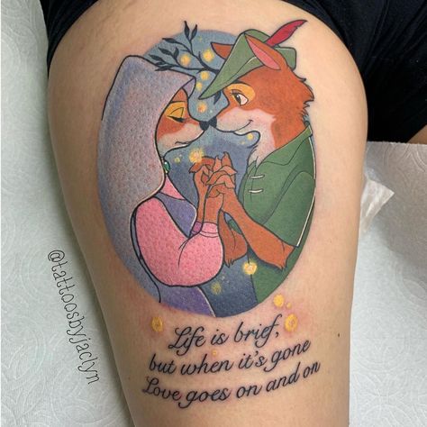 🦄Jackie Huertas 🌈 on Instagram: “Robin Hood piece for the lovely Rachelle! Thanks so much babe! #tattoo #tattoos #disney #disneytattoo #disneytattoos #disneytatts…” Babe Tattoo, Disney Couple Tattoos, Tattoos Disney, Disney Robin Hood, Brave Little Toaster, Robin Hood Disney, Couples Tattoo Designs, Fox Tattoo, Girly Tattoos