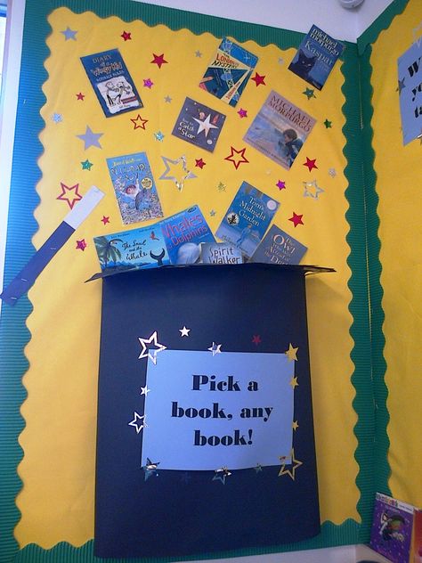 Magic books Magic Themed Decorations, Magic Bulletin Board Ideas, Reading Is Magical Theme, Magic Classroom Theme, Magic Theme Classroom, Reading Is Magic, Reading Is Magical, Book Week 2024 Reading Is Magic, Reading Is Magic Display