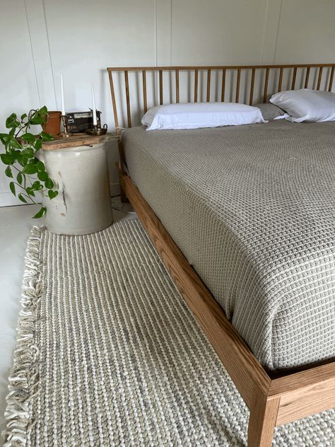 DIY King Spindle Bed | Showit Blog Wood Spindle Bed Frame, Minimalist Bedroom Beds & Bed Frames, Diy Minimalist Bed Frame, Aesthetic Bed Frame Wood, Wood Platform Bed With Headboard, Wooden Bedframe Aesthetic, Spindle Bed Bedroom, Neiden Bed Frame Hack, Diy Wood Bed Frame