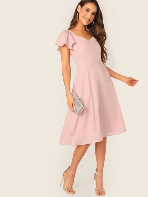 Flutter Sleeve Sweetheart Neck Fit & Flare Dress | SHEIN USA Tie Waist Maxi Dress, Shirred Dress, Sweetheart Dress, Pink Pastel, Midi Dress With Sleeves, Dress Zipper, Sweetheart Neck, Flowy Dress, Tiered Dress