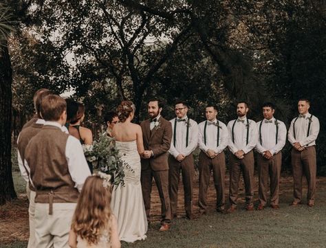 Brown Pants Groomsmen, Backyard Wedding Groomsmen, Men’s Rustic Wedding Attire, Rustic Orange Groomsmen Attire, Groomsmen Attire Rustic, Groomsman Brown Pants, Western Groomsmen Attire Brown, Vintage Groomsmen Attire, Rustic Groomsmen Attire