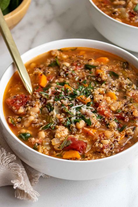 Quinoa Soup Recipes, Kay Nutrition, Quinoa Vegetable Soup, Hearty Vegetable Soup, Quinoa Soup, Vegetable Quinoa, Grilled Tofu, Vegetarian Protein, All Recipes