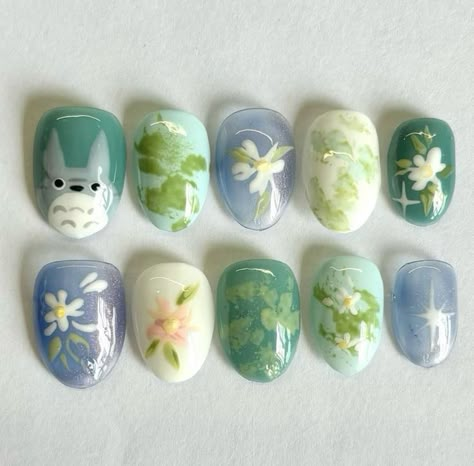 Bow Nails Acrylic, Aesthetic Nails Green, Anime Nails Art, Totoro Nails, Studio Ghibli Nails, Ghibli Nails, Japan Nail, How To Have Style, Photography Digital Art