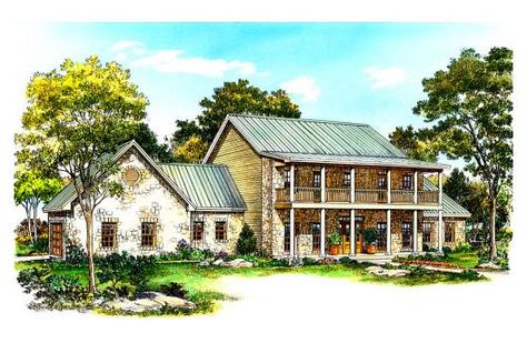 Front Elevation Southern Farmhouse, Hill Country Homes, Stone Farmhouse, Country Style House Plans, Country House Plan, Farmhouse House, Exterior Stone, French Cottage, House Plans Farmhouse