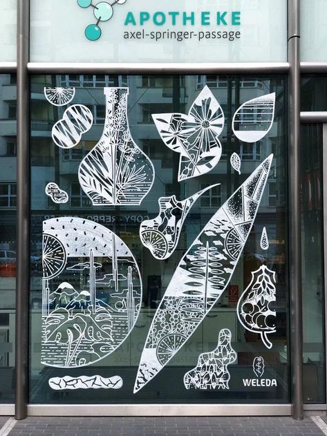 Window Graphics Design Ideas, Chalk Markers Art, Pharmacy Decor, Store Front Windows, Window Markers, Window Illustration, Window Designs, Crystal Drawing, Window Drawing