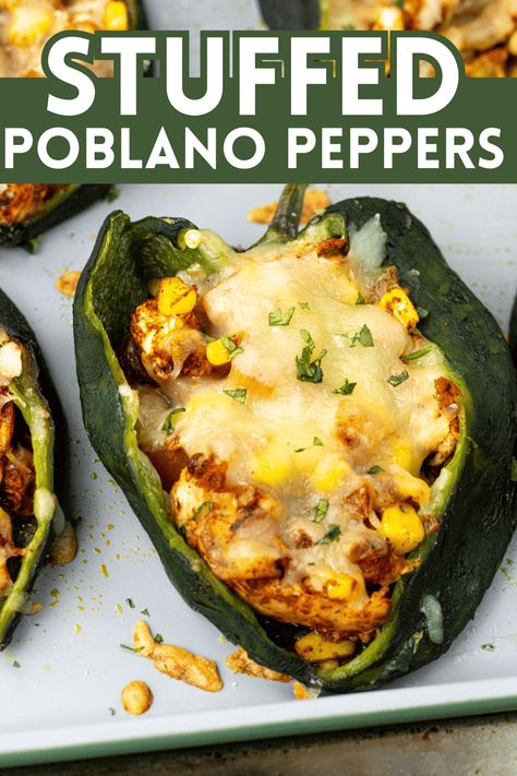 Stuffed Poblano Peppers Stuffed Poblano Pepper Recipes, Pablano Pepper Recipe, Poblano Peppers Recipes, Make Shredded Chicken, Fun Dinner, Poblano Peppers, Mexican Dinner Recipes, Shredded Chicken Recipes, Mexican Dinner