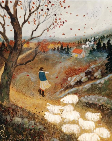 Lore Pemberton, Storybook Art, Autumn Illustration, Found Art, The Shepherd, Autumn Art, Gouache Painting, Illustration Print, Card Art