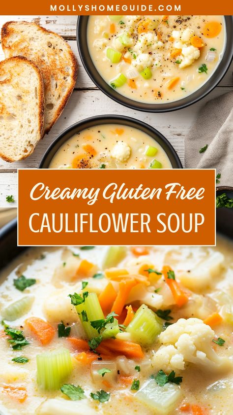 Discover the ultimate comfort food with our delicious gluten-free cauliflower soup recipe. This creamy and flavorful soup is the perfect choice for a cozy night in or for entertaining guests. Made with fresh cauliflower, aromatic herbs, and rich broth, this soup is not only comforting but also nutritious. Whether you follow a gluten-free diet or simply love a good bowl of soup, this recipe will surely become a favorite in your kitchen! Try it today and enjoy a warm and satisfying meal that every Creamy Cauliflower Vegetable Soup, Gluten Free Cauliflower Soup, Lectin Free Soup Recipes, Candida Diet Soup Recipes, Aip Soup Recipes, Gluten Free Crockpot Meals, Gf Soup Recipes, Healthy Cauliflower Soup, Cauliflower Rice Soup