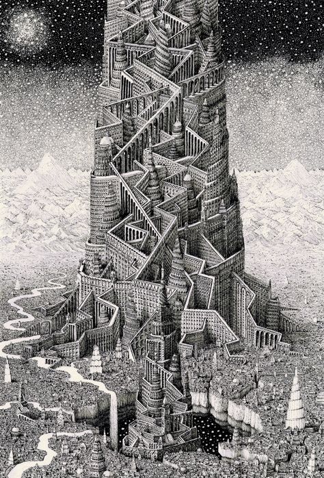 Impossible Cityscapes by Benjamin Sack Draw Inspiration From Cartography and Musical Compositions | Colossal Musical Composition, Tower Of Babel, Colossal Art, Fantasy City, 판타지 아트, Fantasy Landscape, Dark Fantasy Art, Architecture Drawing, Architecture Art