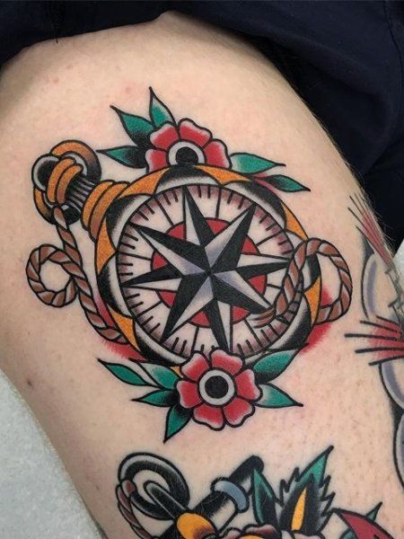 30 Incredible American Traditional Tattoo Designs - The Trend Spotter Traditional Nautical Tattoo, Traditional Compass Tattoo, Compass Tattoo Meaning, Nautical Compass Tattoo, Tattoo American Traditional, Tato Tradisional, Compass Rose Tattoo, Traditional Tattoo Inspiration, Traditional Style Tattoo