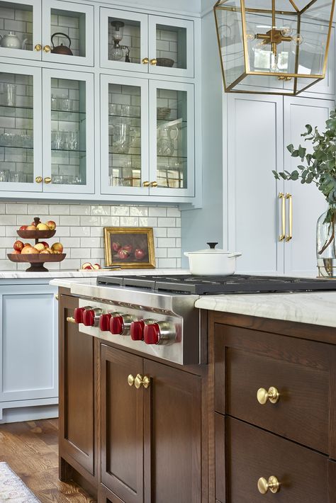 Stovetop In Island Kitchen, Stovetop In Island, Kitchen Island Stovetop, Island Stovetop, Natural Wood Island, Wood Island Countertop, Blue Cabinetry, Cabinetry Kitchen, Island Countertop