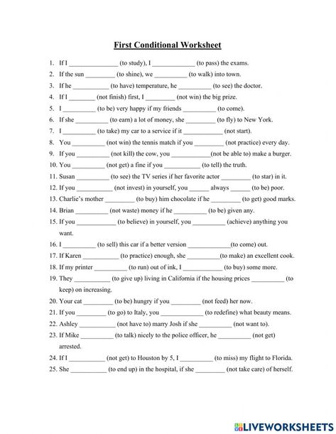 First conditional interactive worksheet for VII grade. You can do the exercises online or download the worksheet as pdf. Conditionals Grammar, First Conditional, English Language Activities, Conditional Sentences, English Language Learning Activities, English Grammar Test, Idioms English, English Exercises, English Grammar Worksheets