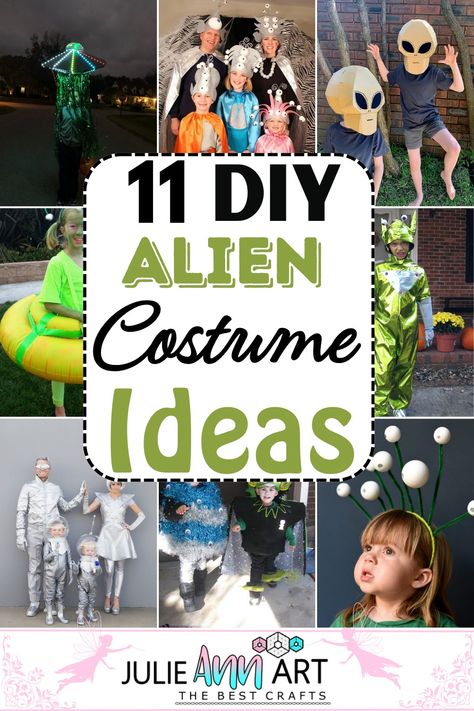 DIY Alien Costume Ideas 1 Space Dress Up Ideas, Creative Alien Costumes, Space Costume Kids, Homemade Alien Costume, Science Fiction Costume, Out Of Space Costumes, Jupiter Costume Planet, Out Of This World Costume Ideas, Funny Alien Costume