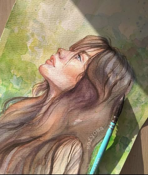 Face Drawing With Watercolor, Watercolor Face Drawing, Face Portrait Watercolor, Watercolor Art Portrait Faces, Paintings For Sketchbook, Watercolor Portraits Aesthetic, Watercolor Illustration Ideas, Face Drawing Watercolor, Painting Ideas Watercolor Inspiration