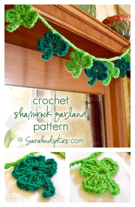 Crochet Shamrock Garland Free Pattern Shamrock Crochet, Crochet Shamrock, Shamrock Garland, Celtic Shamrock, Crochet Holiday, Crochet Bunting, Crochet Garland, Irish Crochet Patterns, St Pats