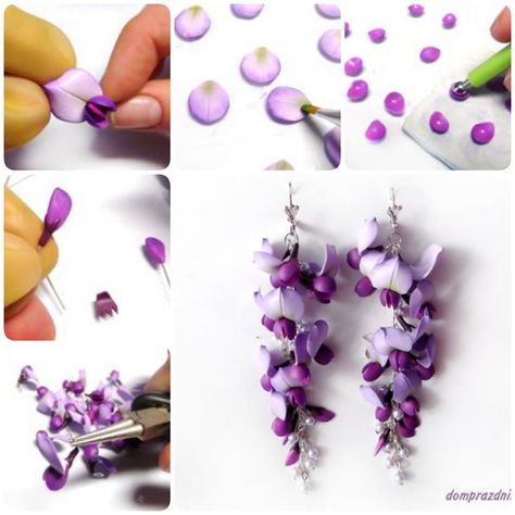 How to Make Wisteria Flower Earrings out of Polymer Clay Polymer Clay Kunst, Wisteria Flower, Polymer Flowers, Polymer Clay Flower Jewelry, Polymer Clay Jewelry Tutorials, Tanah Liat, Polymer Clay Diy, Polymer Clay Jewelry Diy, Polymer Crafts