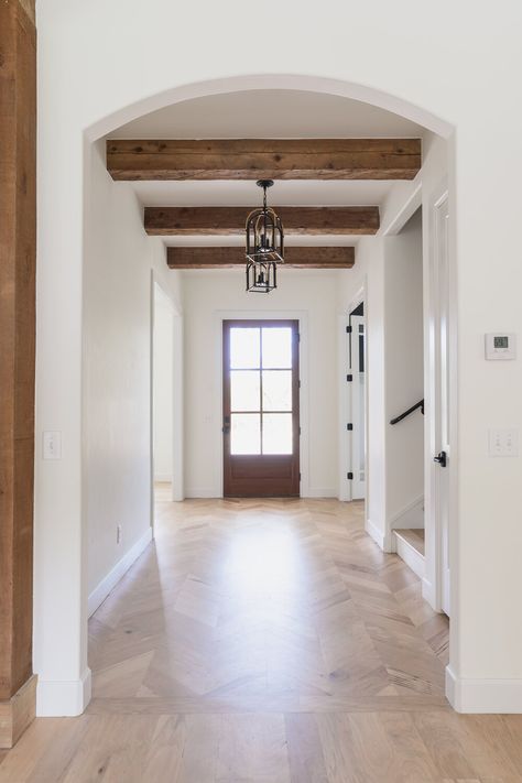 Scroll Stoppers, Beams Living Room, Home Entry, Wooden Beams Ceiling, Shiplap Ceiling, Faux Beams, Faux Wood Beams, Wood Beam, Timeless Interiors