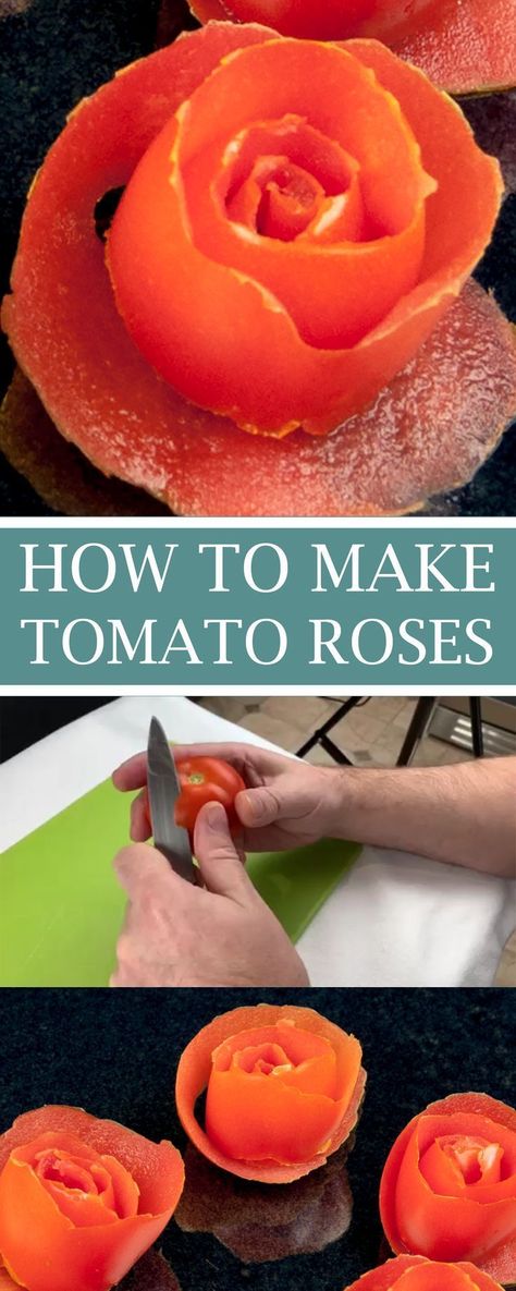 How to make tomato roses. A lovely and classy garnish for any dish. So simple to create. See how to make these pretty tomato flowers in this easy tutorial. | theyumyumclub.com    #tomatoroses #garnish #foodphotography #tomato #foodlover #foodie #foodphoto Tomato Flower Garnish, Tomato Rose How To Make, Tomato Garnish Ideas, Tomato Decoration Ideas, Derby Desserts, Meat Roses, Tomato Rose, Tomato Flower, Salad Art