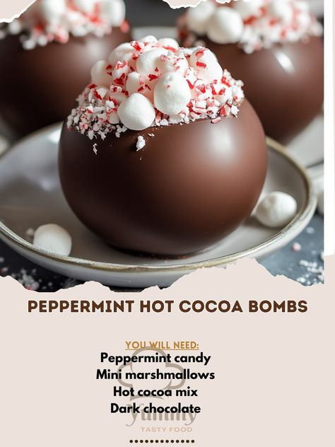 Get cozy with Peppermint Hot Cocoa Bombs! ☕🍬 Watch the magic happen as they melt into delicious hot cocoa! ❄️✨" Peppermint Hot Cocoa Bombs Ingredients: Dark chocolate, melted (2 cups) Hot cocoa mix (½ cup) Mini marshmallows (½ cup) Peppermint candy, crushed (2 tbsp) Silicone molds for chocolate bombs Instructions: Melt chocolate and coat the insides of silicone molds. Freeze for 10 minutes. Add 1 tbsp of hot cocoa mix and mini marshmallows to each mold. Seal the halves with melted chocola... Grinch Hot Cocoa Bombshell, Fall Cocoa Bomb Ideas, Chocolate Bomb Molds Ideas, Smores Hot Cocoa, Christmas Themed Desserts, Coco Bar, Hot Cocoa Bomb, Cozy Fall Recipes, Peppermint Cocoa