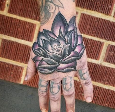 Men Lotus Flower Tattoo, Men’s Lotus Flower Tattoo, Lotus Tattoos For Men, Black And Grey With Pop Of Color Tattoo, Lotus Flower Hand Tattoo Men, Lotus On Hand Tattoo, Lotus Hand Tattoo Men, Mens Lotus Flower Tattoo, Lotus Flower Hand Tattoos For Women