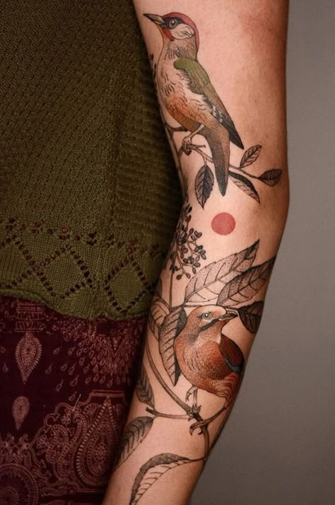 Pretty Tattoo Sleeve Ideas, Delicate Floral Arm Tattoo, Figure 1 Figure 2 Tattoo, Botanical Forearm Tattoo Women, Joanna Swirska Tattoos, Forearm Nature Tattoos For Women, Forearm Botanical Tattoo, Botanical Tattoos For Women, Botanical Bird Tattoo