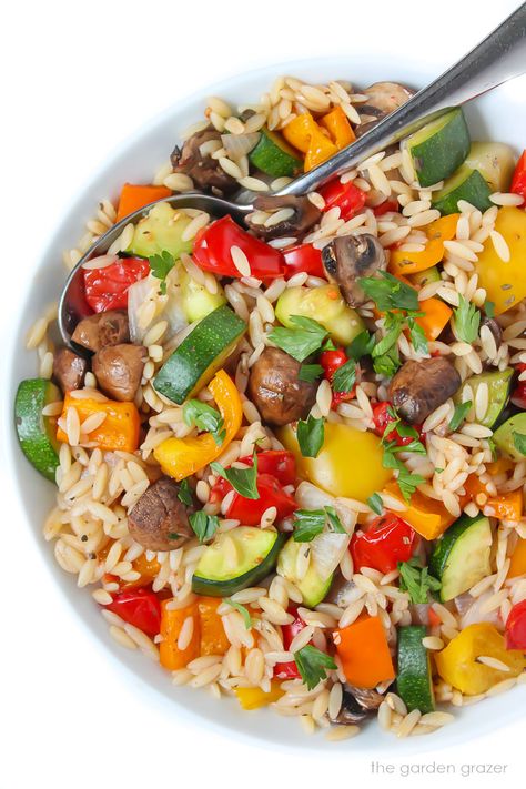 The Garden Grazer: Roasted Vegetable Orzo with Garlic-Balsamic Roasted Vegetable Orzo, Vegetable Orzo, Garden Vegetable Recipes, Garden Grazer, Easy Roasted Vegetables, Garlic Balsamic, Balsamic Recipe, Roasted Vegetable, Vegetable Salad