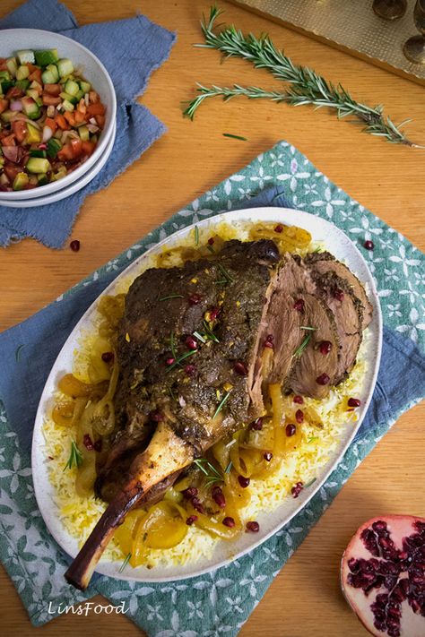 Persian Roast Lamb recipe, perfect for Nowruz and Easter. Easy to make with Pomegranate Molasses. #lambrecipes, #nowruzrecipes, #easterrecipes, #linsfood Persian Lamb Recipes, Lamb Shank Persian Recipe, Afghan Lamb Recipe, Persian Roast Chicken, Persian Pomegranate Chicken, Rice With Fish, Pomegranate Molasses Lamb Chops, Sabzi Polo, Moroccan Lamb With Prunes