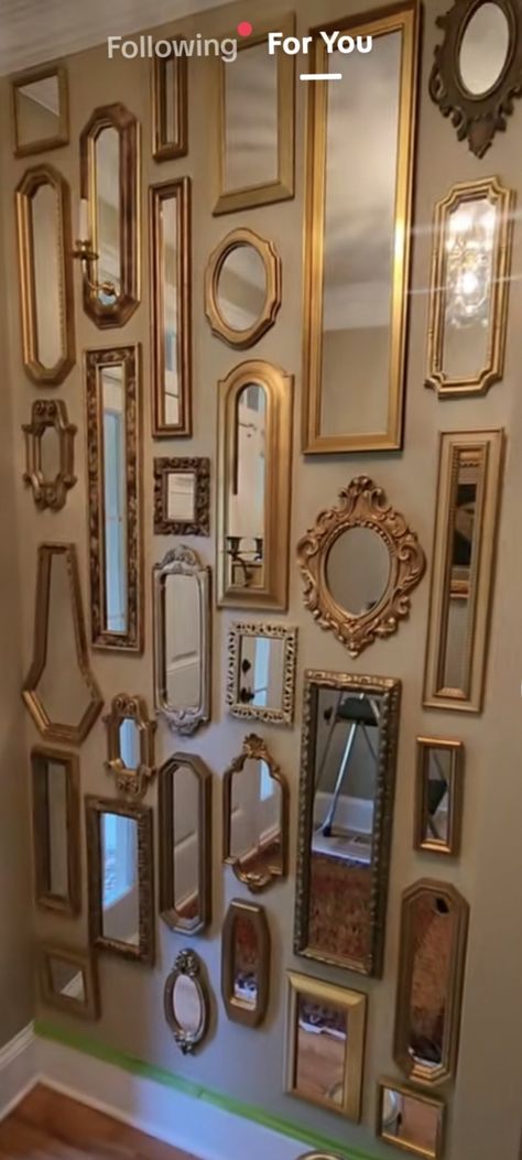 Wall With Vintage Frames, Mirror Wall Inspiration, Wall Of Antique Mirrors, Gold Mirror Gallery Wall, Vintage Mirror Gallery Wall, Mirror Gallery Wall Ideas, Mirror Collage Wall, Antiqued Mirror Wall, Dark Academia Diy