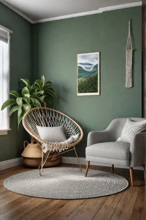 Inviting bedroom with green color scheme and cozy accents Green Living Room With Accent Wall, Soothing Bedroom Paint Colors, Green Bedroom Paint Colors, Green Living Room Color Scheme, Green Paint Colors Bedroom, Green Bedroom Paint, Blue Green Bedrooms, Bedroom Wood Floor, Nature Inspired Bedroom