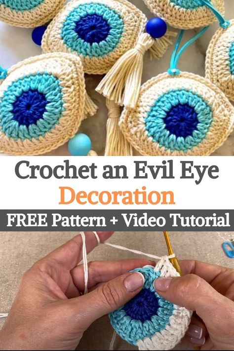 Crochet an Evil Eye Decoration Tutorial Evil Eye Decoration, Crochet Evil Eye, Cute Evil, Crochet Eyes, Crochet Keychain Pattern, Crochet Decoration, Fun Crochet Projects, Crochet Keychain, Halloween Crochet