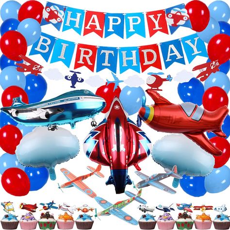 PRICES MAY VARY. Note: The banner NEEDS to be ASSEMBLED by yourself with the tool which was provided, but it is easy to set up. Airplane Birthday Party Decorations: This package set include 1 set airplane happy birthday banner, 1 set airplane banner, 3pcs Glider Planes, 30pcs latex balloons, 10pcs plane cupcake toppers, 3pcs plane foil balloons, 2pcs cloud foil balloons, total 50pcs airplane theme party supplies. High Quality Airplane Party Supplies: Airplane banner and garland are made from dur Two Fly Birthday Party, Airplane Birthday Decorations, Cloud Balloons, Airplane Party Decorations, Airplane Birthday Party Decorations, Vintage Airplane Party, Balloons Cake, Birthday Pic, 2nd Birthday Boys