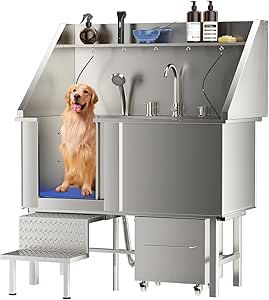 ROOMTEC 304 Stainless Steel Dog Washing Station, 50 Inch Professional Dog Grooming Tub, Pet Bathtub with Sink, Storage Drawer,Ladder Dog Grooming Tubs, Wall Insert, Washing Station, Dog Washing Station, Bathtub Walls, Fire Pit Furniture, Crib Toys, Dog Wash, Sink Storage