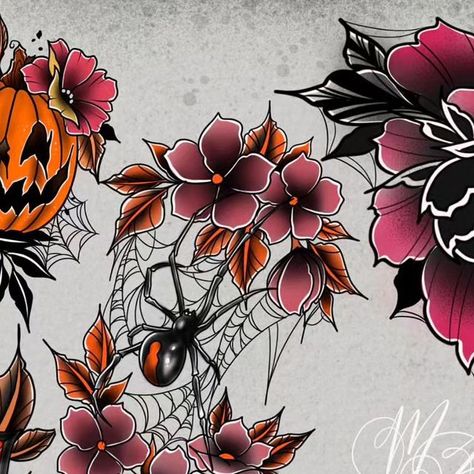 🖤Melissa🖤 on Instagram: "Autumn is right around the corner... 🎃 . . . #autumn #fall #Halloween #Halloweentattoo #witch #witchy #witchytattoo #Halloweenflash #tattooflash #flashsheet #tattoo #tattooidea #tattooideas #pumpkintattoo #spidertattoo #peonytattoo #potionbottletattoo #flowertattoo #cicadatattoo #insecttattoo #neotraditional #neotraditionaltattoo #blackworktattoo #darkart #spooky #tattoos #darkart #Macabreart #scary #october" Neotraditional Spider, Neotraditional Spider Tattoo, Floral Halloween Tattoo, Autumn Flowers Tattoo, Spooky Plants, Halloween Floral Tattoo, Halloween Flowers Tattoo, Halloween Flower Tattoo, Fall Tattoo Flash